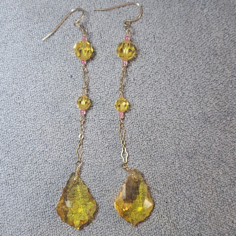 Gold crystal, chain, and tiny pink accent earrings